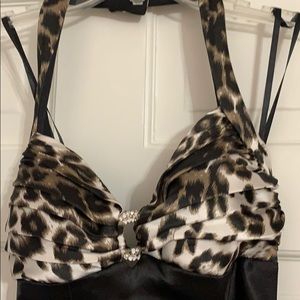 Black satin halter dress with animal print top